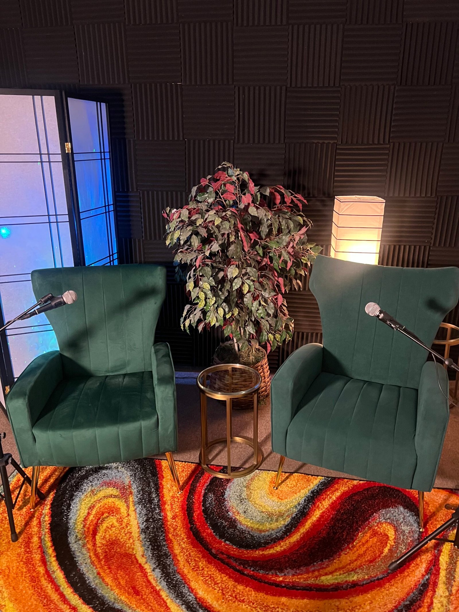 KL Podcast Studio Main Stage Set with professional lighting and microphones